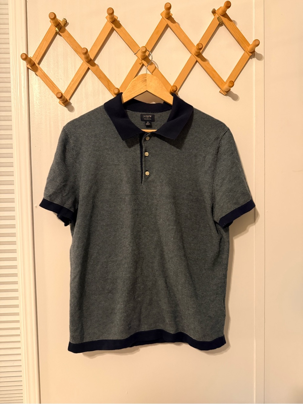 J. Crew Short-Sleeve Button Down Polo in Heather Blue with Navy Trim 100% Cotton